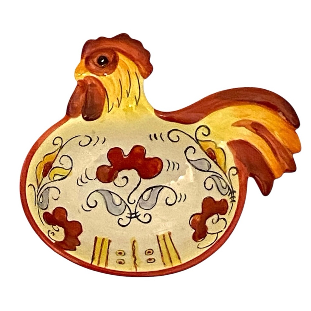 Handpainted Ceramic Rooster Dish - Red, Yellow, Cream